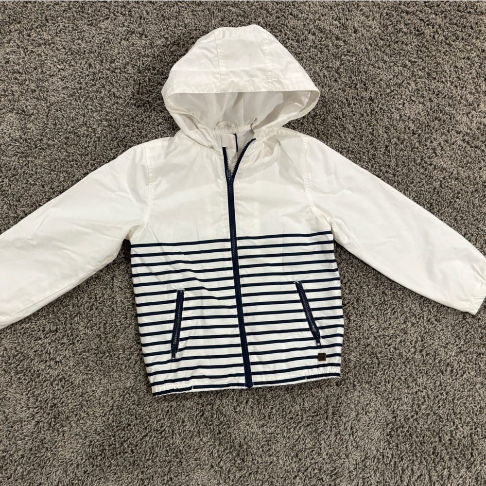 Janie and Jack white and navy blue Hooded Jacket, size 7-8